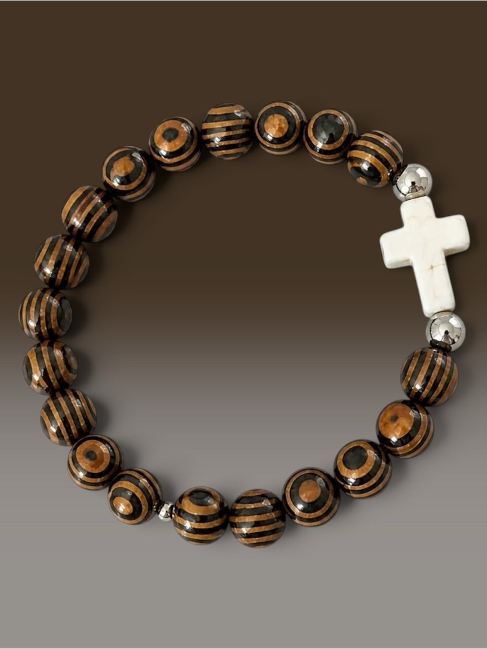 Hand Crafted Brown and Black Striped Wood Bead Bracelet with White Cross